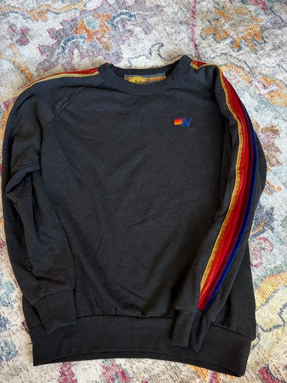Aviator Nation Black Crewneck with Rainbow Shoulder Stripes
